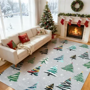 Christmas Tree Grey 9x12 Area Rug, Washable, Non-Slip, Decorative Floor Carpet for Bedroom, Living Room