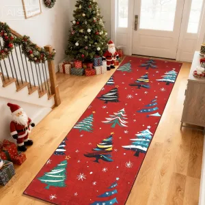 Runner Rug 2x6 Red Christmas Tree Motif Non-Slip Soft Low Pile Washable Indoor Kitchen Entryway Living Room Bedroom
