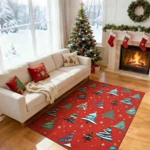 Red 4x6 Christmas Area Rug with Non-Slip Backing, Soft Low Pile, Washable Fabric, Durable Stitching, Ideal for Living Room and Entryway