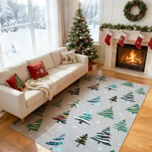 Christmas Area Rug 5x7 Non-Slip Soft Low Pile Washable Carpet Indoor Xmas Tree Motif Living Room Bedroom Dining Room