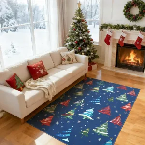 Christmas Area Rug 4x6 Blue Non-Slip Washable Soft Low Pile Xmas Tree Motif Indoor Living Room Bedroom Dining Room