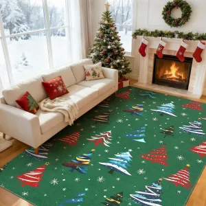 Green 8x10 Area Rugs for Living Room, Washable Rug for Home Decor, Indoor Non Slip Carpet, Soft Low Pile Christmas Rug with Xmas Tree Motif for Bedroom, Dining Room