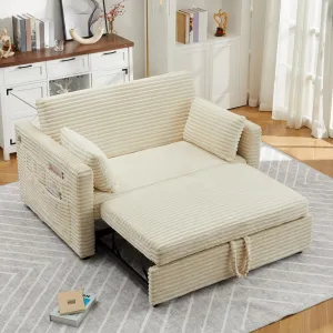 Convertible Corduroy Loveseat Sleeper Sofa Bed, Adjustable Backrest, Pull-Out Bed, Built-in Charging Station, Side Pockets - Perfect for Living Room, Bedroom, Apartment - Beige
