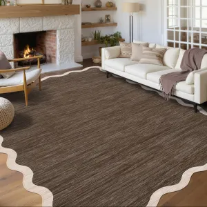 Scalloped Washable Area Rug 6x9 Brown Non Slip Low Pile Stain Resistant Carpet for Living Room Bedroom Dining Room Nursery