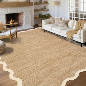 Scalloped Washable Rug 10x13 Brown Non Slip Soft Low Pile Stain Resistant Carpet for Living Room Bedroom Dorm Dining Room