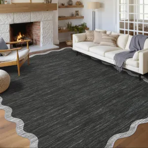 Scalloped Washable Area Rug 6x9 Black Non Slip Low Pile Modern Rug for Living Room Bedroom Dining Room