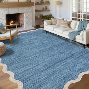 Scalloped Washable Area Rug 8'x10' Blue Non Slip Stain Resistant Rug for Living Room Bedroom Dining Room Nursery