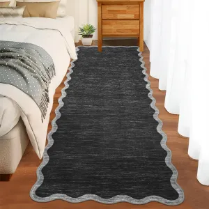 Scalloped Washable Runner Rug 2'x6' Black Non Slip Modern Kitchen Bathroom Bedroom Carpet