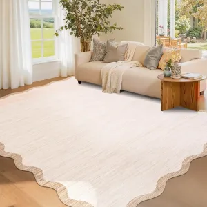 Scalloped Washable Rugs 5x7 Beige Non Slip Low Pile Stain Resistant Area Rug for Living Room Bedroom Office Dining Room