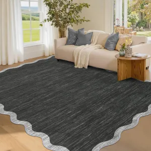 Scalloped Area Rug 4x6 - Washable Non-Slip Boho Border Rug for Living Room Bedroom Kitchen Nursery, Black, Neutral Farmhouse Style