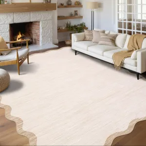 Scalloped Washable Rug 10x13 Beige Non Slip Low Pile Area Rug for Bedroom Living Room Dining Room