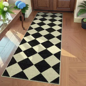 Checkered Rug Runner 2x6 ft Soft Faux Wool Non-Slip Rubber Backing Stain Resistant Low Profile for Hallways Kitchen Entryway