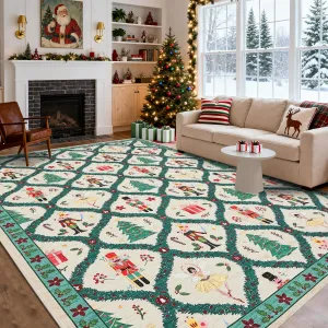 Christmas Nutcracker Area Rug 8x10 Low-Pile Non-Slip Polyester Machine Washable Soft Durable Living Room Nursery