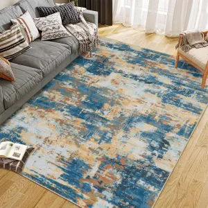 Area Rug Washable Non-Shedding Abstract Rug Soft Non-Slip for Living Room Dining Room Indoor Playroom Golden Blue 10x13Ft