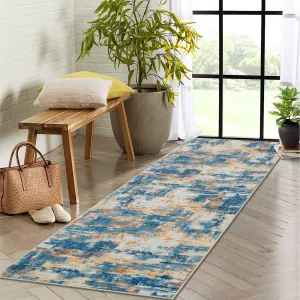 Area Rug Washable Non-Shedding Abstract Soft Non-Slip Rug for Living Room Dining Room Indoor Playroom 2x6Ft Golden Blue