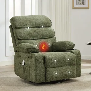Massage Rocker Recliner with Heating, 360° Swivel Glider Recliner Chairs for Adults, Linen Nursery Chair with Side Pocket, Two Cup Holders, Green