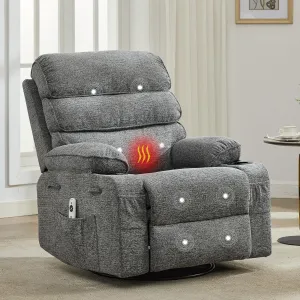 Massage Rocker Recliner with Heating, 360° Swivel Glider Recliner Chairs for Adults, Linen Nursery Chair with Side Pocket, Two Cup Holders, Gray