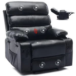 Oversized Manual Recliner for Adults, Massage and Heat, Adjustable Backrest and Footrest, Extra Wide Nursery Glider Recliner Single Sofa with 2 Cup Holders and Side Pocket, PU Leather, Black