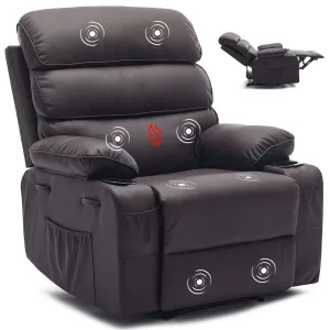 Oversized Manual Recliner for Adults, Massage and Heat, Adjustable Backrest and Footrest, Extra Wide Nursery Glider Recliner Single Sofa with 2 Cup Holders and Side Pocket, PU Leather, Coffee