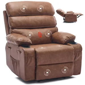 Oversized Manual Recliner for Adults, Massage and Heat, Adjustable Backrest and Footrest, Extra Wide Nursery Glider Recliner Single Sofa with 2 Cup Holders and Side Pocket, PU Leather, Brown