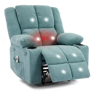 Manual Recliner Chair with Heating & Massage, Ergonomic Overstuffed Reclining Chair with Side Pockets, Q235 Steel Frame Lazy Boy Recliner Single Sofa for Living Room Bedroom, Light Blue