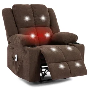 Manual Recliner Chair with Heating & Massage, Ergonomic Overstuffed Reclining Chair with Side Pockets, Q235 Steel Frame Lazy Boy Recliner Single Sofa for Living Room Bedroom, Brown