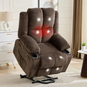 Oversized Power Lift Recliner Chair for Elderly, 155° Adjustable Lay Flat Lift Chair with Heat and Massage, Standing Assistance, Overstuffed Backrest, Cup Holders, Side Pocket for Living Room, Brown