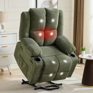 Oversized Power Lift Recliner Chair for Elderly, 155° Adjustable Lay Flat Lift Chair with Heat and Massage, Standing Assistance, Overstuffed Backrest, Cup Holders, Side Pocket for Living Room, Green