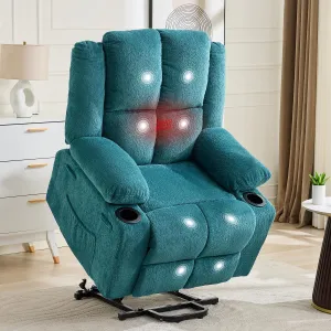 Oversized Power Lift Recliner Chair for Elderly, 155° Adjustable Lay Flat Lift Chair with Heat and Massage, Standing Assistance, Overstuffed Backrest, Cup Holders, Side Pocket for Living Room, Light Blue