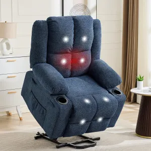 Oversized Power Lift Recliner Chair for Elderly, 155° Adjustable Lay Flat Lift Chair with Heat and Massage, Standing Assistance, Overstuffed Backrest, Cup Holders, Side Pocket for Living Room, Blue
