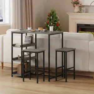 Bar Table Chair Set with 2 Bar Stools and Industrial Iron Frame  Wood Top, Storage Shelf for Apartments & Studios, Grey