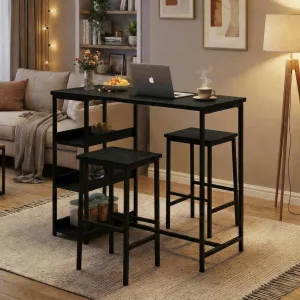 Bar Table Chair Set with 2 Bar Stools and Industrial Iron Frame  Wood Top, Storage Shelf for Apartments & Studios, Black