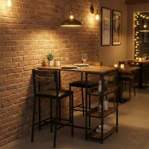 Modern Marble Finish Bar Table and Chairs Set with 2 PU Padded Stools, Flip Top Extension and Storage Shelves, for Small Kitchen and Apartment, Rustic Brown