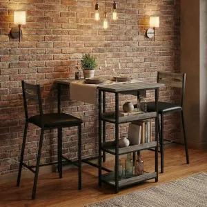 Modern Marble Finish Bar Table and Chairs Set with 2 PU Padded Stools, Flip Top Extension and Storage Shelves, for Small Kitchen and Apartment, Grey & Black