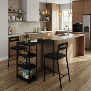 Modern Marble Finish Bar Table and Chairs Set with 2 PU Padded Stools, Flip Top Extension and Storage Shelves, for Small Kitchen and Apartment, Black