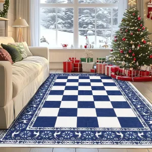 Blue 5x7 Area Rugs for Living Room, Washable Non Slip Checkered Christmas Decor Rug, Soft Low Pile Carpet for Bedroom and Dining Room