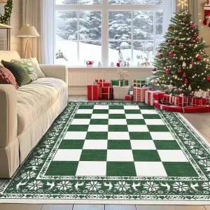 Green 4x6 Washable Christmas Rug for Living Room, Indoor Non Slip Carpet, Checkered Soft Low Pile, Entryway, Bedroom, Dining Room