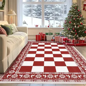 Red 5x7 Area Rugs for Living Room, Washable Non Slip Christmas Decor Carpet, Checkered Soft Low Pile Rug for Bedroom and Dining Room
