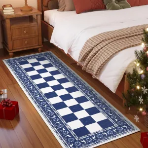 Blue 2x6 Runner Rug Washable Non Slip Indoor Christmas Decor Checkered Soft Low Pile