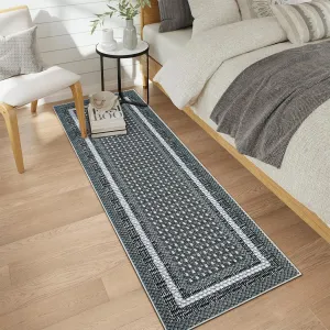 Washable Kitchen Rug - 2x6 Black Grey Hallway Runner, Soft Non Slip Stain Resistant Throw Carpet for Laundry Bathroom, Geometric Bordered Floor Rug for Bedside Home Office