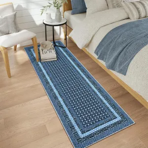 Washable Kitchen Rug - 2x6 Geometric Bordered Hallway Runner, Soft Non Slip Stain Resistant Throw Carpet for Laundry Bathroom, Geometric Bordered Floor Rug for Bedside Office