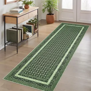 2x6 Hallway Washable Runner Rug, Modern Geometric Soft Non Slip Kitchen Laundry Runner, Bordered Ultra Thin Entryway Living Room Floor Mat, Stain Resistant Carpet for Bathroom, Green
