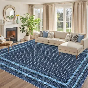 Bordered 5x7 Living Room Rugs Washable Soft Non Slip Bedroom Carpet Large Low Pile Floor Cover for Dining Room Stain Resistant Nursery Rug for Playroom Entryway Indoor Use, Blue