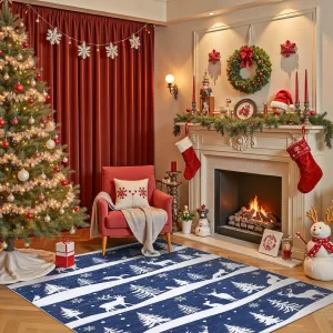 Blue 4x6 Christmas Rugs, Washable Non Slip Indoor Carpet for Living Room, Bedroom, Entryway, Dining Room, Soft Low Pile Xmas Decor