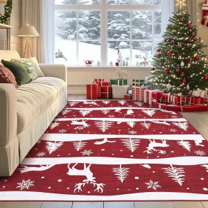 Red 8x10 Christmas Area Rug for Living Room, Washable Non Slip Indoor Carpet with Xmas Tree Reindeer Snowflake Design