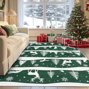 Green Area Rugs 9x12 Washable Christmas Rug for Living Room, Indoor Non Slip Carpet with Xmas Tree Reindeer Snowflake Design, Soft Low Pile