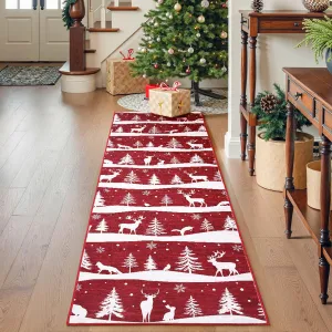 Red 2x6 Runner Rug Washable Non Slip Indoor Christmas Rug with Xmas Tree Reindeer Snowflake for Kitchen Entryway Living Room Bedroom