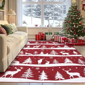 Red 6x9 Christmas Area Rug for Living Room, Washable Soft Low Pile Indoor Non-Slip Carpet, Xmas Tree Reindeer Snowflake Design