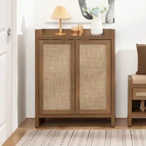 Boho 32" Rattan Shoe Storage Cabinet with 2 Doors and Adjustable Shelves for Entryway, Hallway, Living Room and Bedroom, Dark Oak