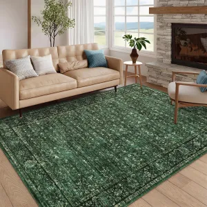Floral Rugs Washable 5x7 Green Ultra Thin Non Slip Throw Carpet for Living Room Bedroom Dining Room Office Apartment